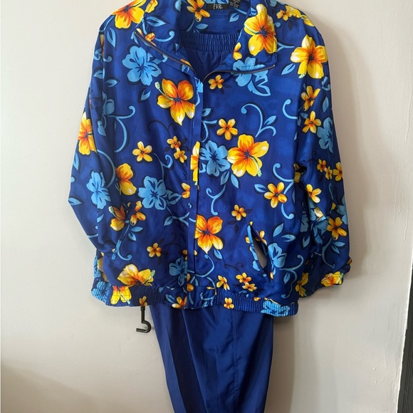 Vintage EVR Windbreaker Set Royal Blue Floral Jacket & Pants Size 1X - Picture 1 of 5